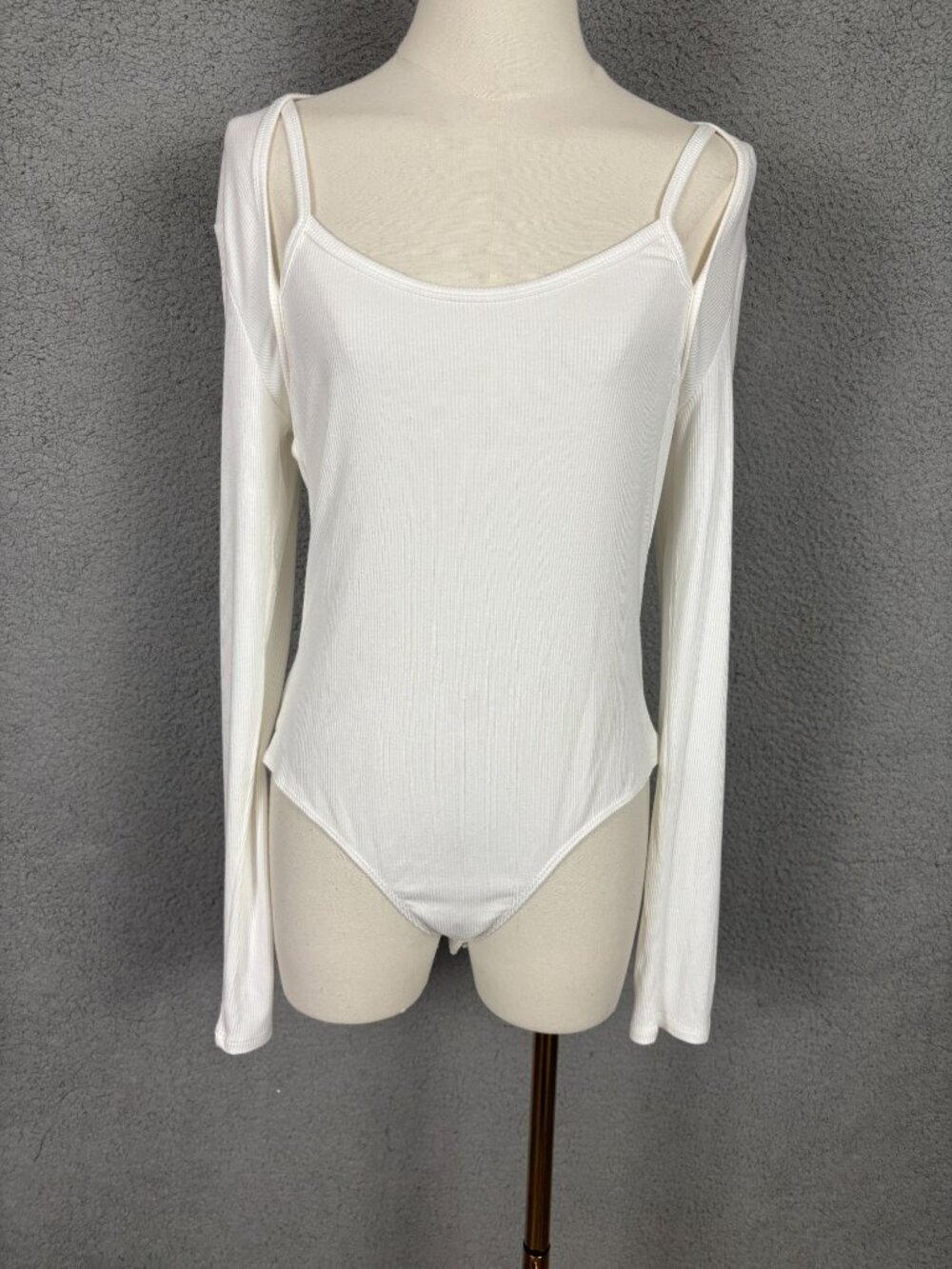 Self Esteem Juniors Rib-Knit Overlay Long-Sleeve Bodysuit - Bright White XL NWTs
